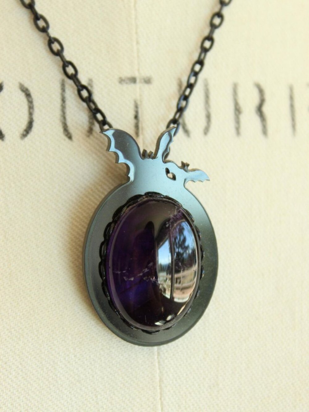 Gothic Bat Cameo Necklace with Purple Amethyst Cabochon on Black Chain - Picture 3 of 12